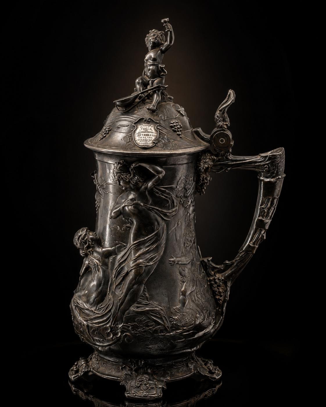 LUXUSNÍ FIGURÁLNÍ CÍNOVÝ KORBEL - SECESNÍ MISTROVSKÉ DÍLO, CCA 1900 - Obrázek 2